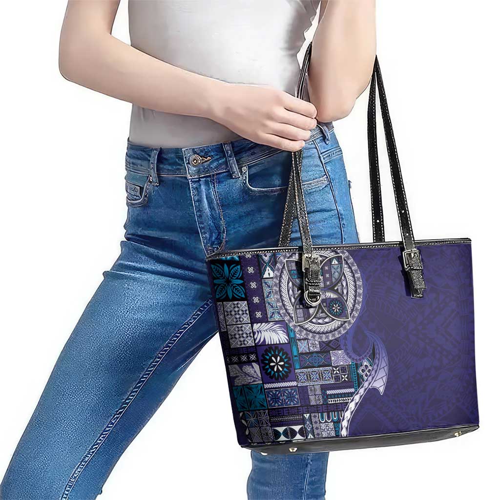 Samoan Siapo Art Tattoo Polynesian Pattern Leather Tote Bag Navy Color - Polynesian Pride