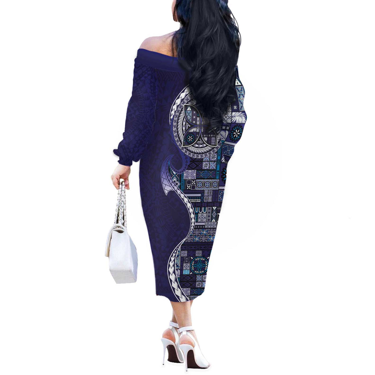 Samoan Siapo Art Tattoo Polynesian Pattern Off The Shoulder Long Sleeve Dress Navy Color - Polynesian Pride