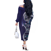 Samoan Siapo Art Tattoo Polynesian Pattern Off The Shoulder Long Sleeve Dress Navy Color - Polynesian Pride