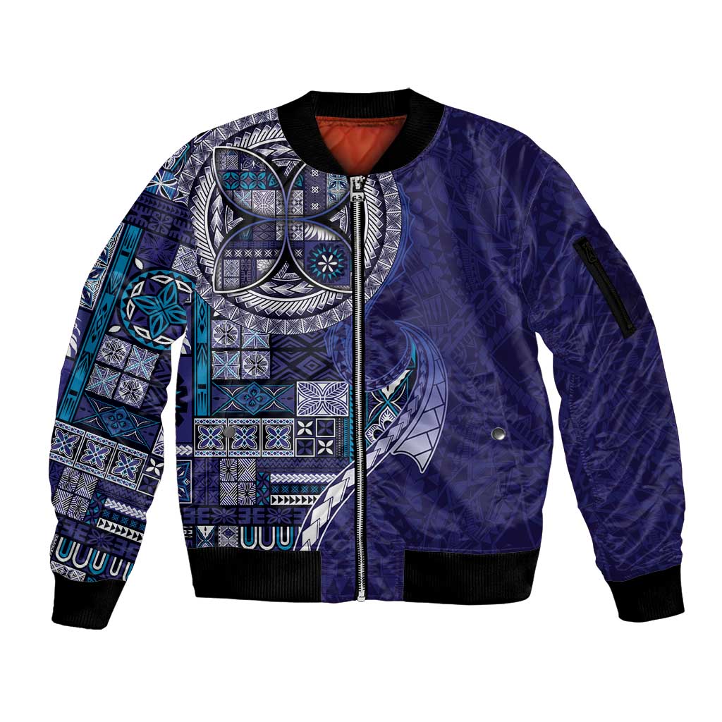 Samoan Siapo Art Tattoo Polynesian Pattern Sleeve Zip Bomber Jacket Navy Color - Polynesian Pride