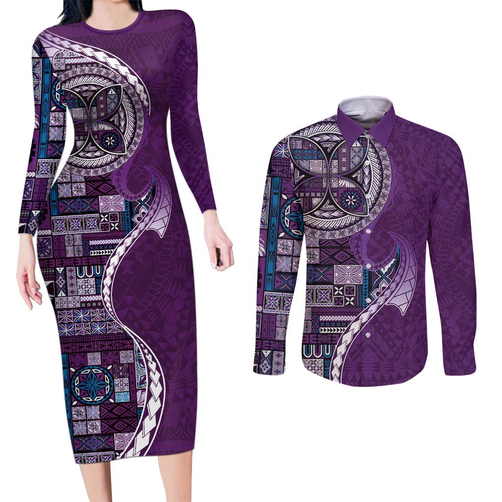 Samoan Siapo Art Tattoo Polynesian Pattern Couples Matching Long Sleeve Bodycon Dress and Long Sleeve Button Shirt Purple Color - undefined