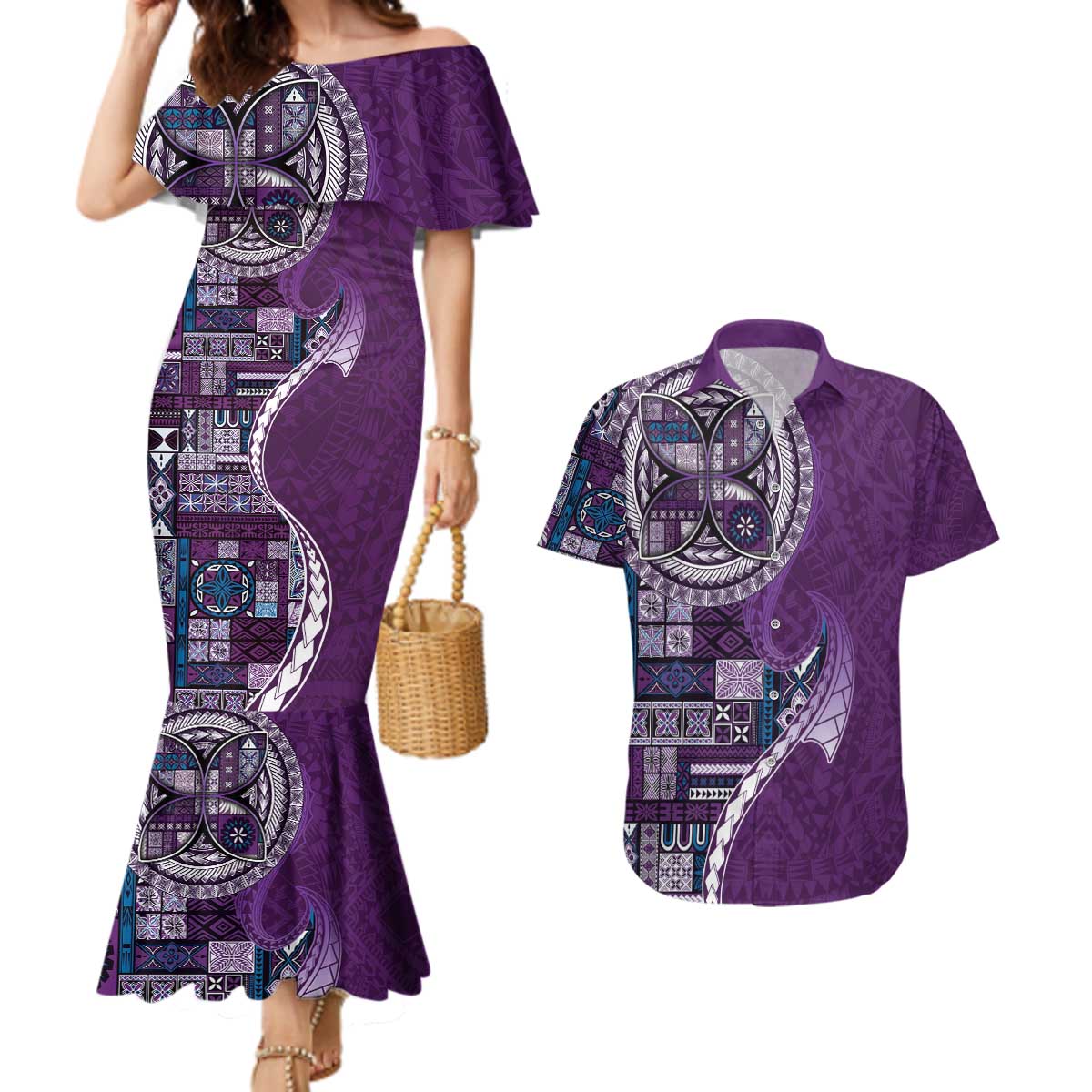 Samoan Siapo Art Tattoo Polynesian Pattern Couples Matching Mermaid Dress and Hawaiian Shirt Purple Color - Polynesian Pride
