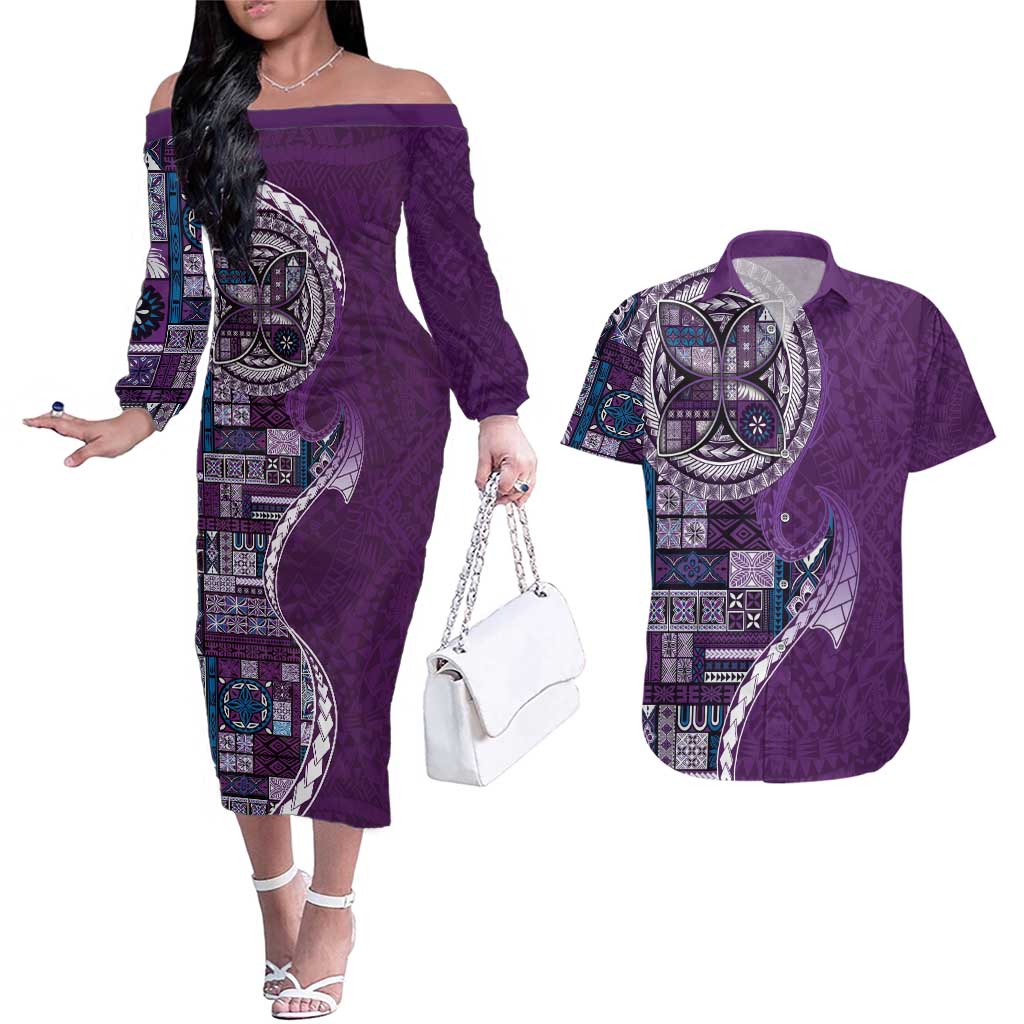 Samoan Siapo Art Tattoo Polynesian Pattern Couples Matching Off The Shoulder Long Sleeve Dress and Hawaiian Shirt Purple Color - Polynesian Pride