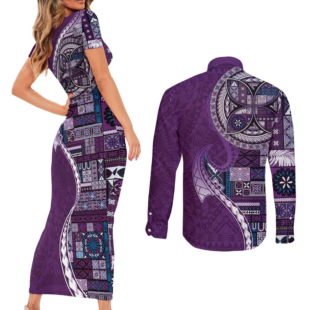 Samoan Siapo Art Tattoo Polynesian Pattern Couples Matching Short Sleeve Bodycon Dress and Long Sleeve Button Shirt Purple Color - Polynesian Pride
