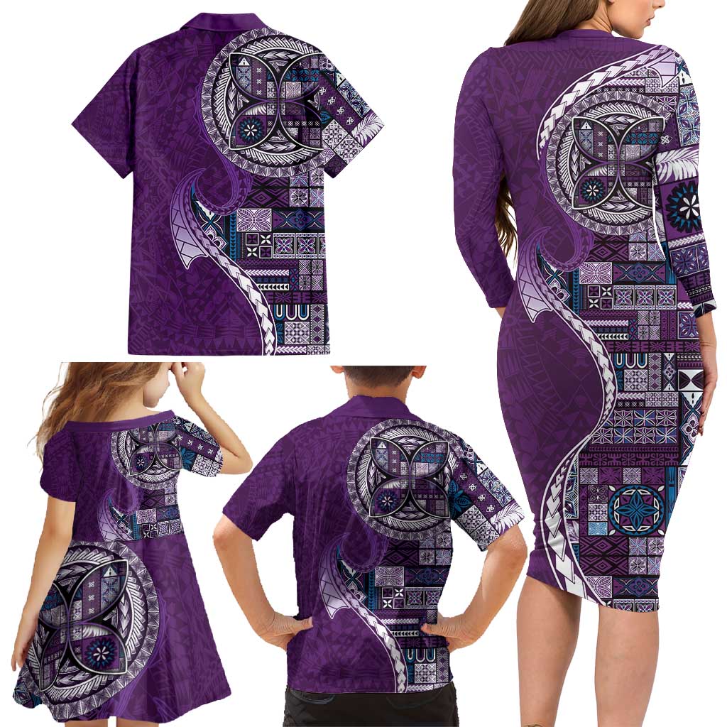 Samoan Siapo Art Tattoo Polynesian Pattern Family Matching Long Sleeve Bodycon Dress and Hawaiian Shirt Purple Color LT03 - Polynesian Pride