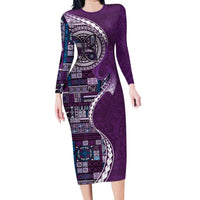 Samoan Siapo Art Tattoo Polynesian Pattern Family Matching Long Sleeve Bodycon Dress and Hawaiian Shirt Purple Color LT03 Mom's Dress Purple - Polynesian Pride