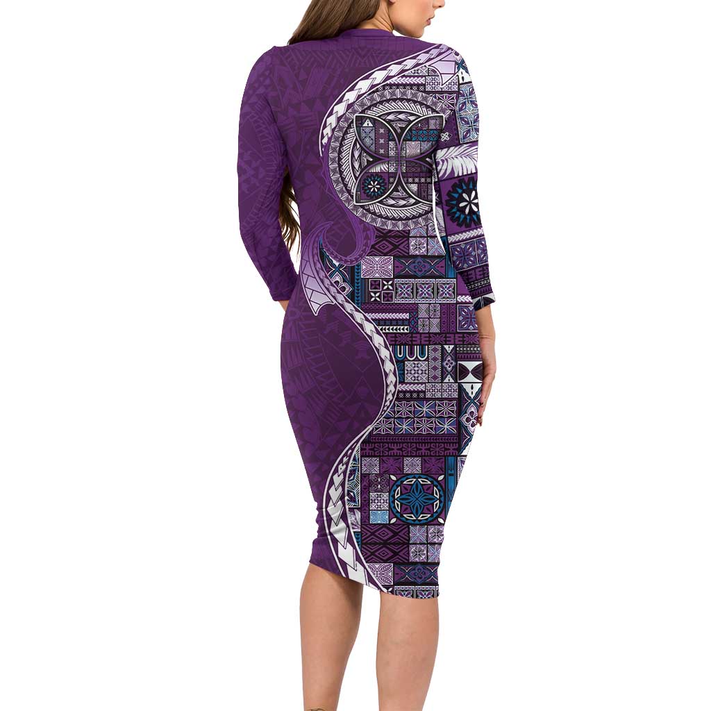 Samoan Siapo Art Tattoo Polynesian Pattern Family Matching Long Sleeve Bodycon Dress and Hawaiian Shirt Purple Color LT03 - Polynesian Pride