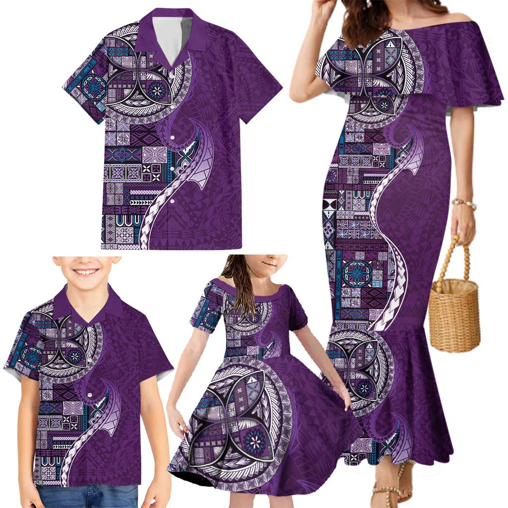 Samoan Siapo Art Tattoo Polynesian Pattern Family Matching Mermaid Dress and Hawaiian Shirt Purple Color LT03 - Polynesian Pride