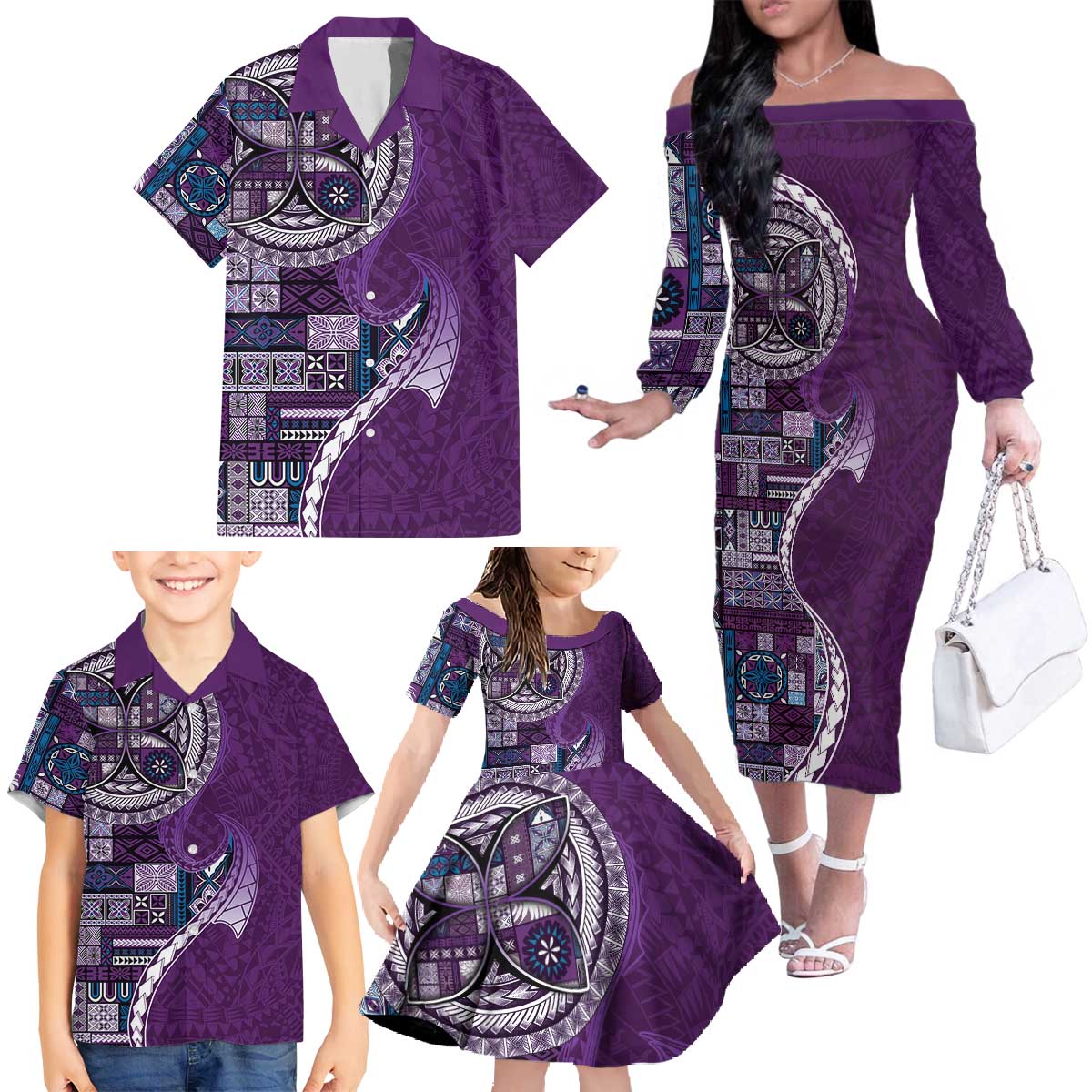Samoan Siapo Art Tattoo Polynesian Pattern Family Matching Off The Shoulder Long Sleeve Dress and Hawaiian Shirt Purple Color LT03 - Polynesian Pride