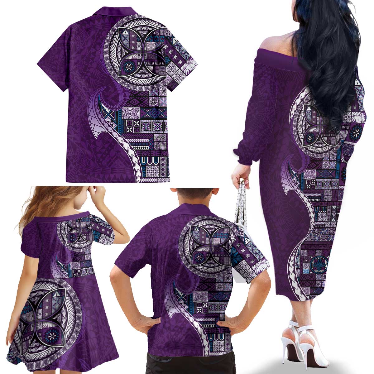Samoan Siapo Art Tattoo Polynesian Pattern Family Matching Off The Shoulder Long Sleeve Dress and Hawaiian Shirt Purple Color LT03 - Polynesian Pride