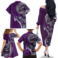 Samoan Siapo Art Tattoo Polynesian Pattern Family Matching Off The Shoulder Long Sleeve Dress and Hawaiian Shirt Purple Color LT03 - Polynesian Pride