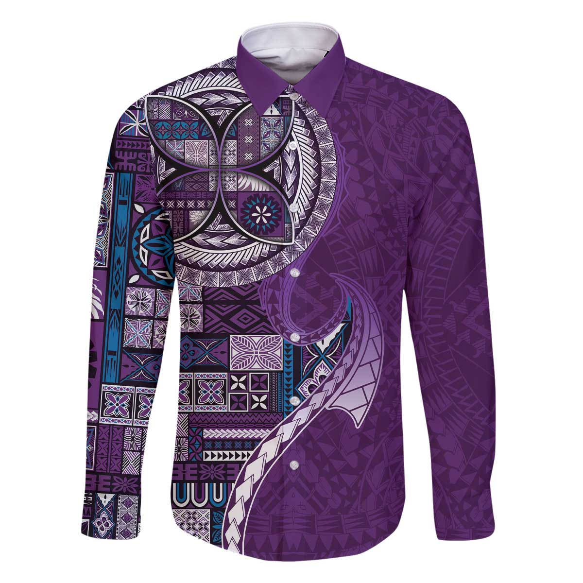 Samoan Siapo Art Tattoo Polynesian Pattern Family Matching Off The Shoulder Long Sleeve Dress and Hawaiian Shirt Purple Color LT03 Dad's Shirt - Long Sleeve Purple - Polynesian Pride