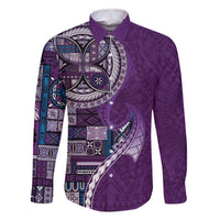 Samoan Siapo Art Tattoo Polynesian Pattern Family Matching Off The Shoulder Long Sleeve Dress and Hawaiian Shirt Purple Color LT03 Dad's Shirt - Long Sleeve Purple - Polynesian Pride