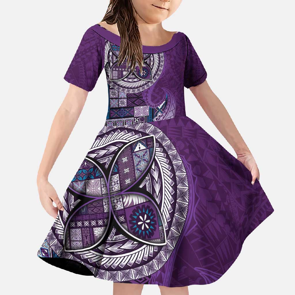 Samoan Siapo Art Tattoo Polynesian Pattern Family Matching Off Shoulder Maxi Dress and Hawaiian Shirt Purple Color LT03 Daughter's Dress Purple - Polynesian Pride