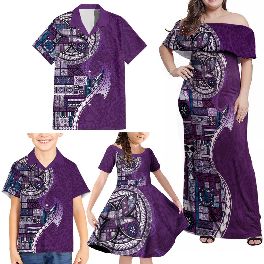 Samoan Siapo Art Tattoo Polynesian Pattern Family Matching Off Shoulder Maxi Dress and Hawaiian Shirt Purple Color LT03 - Polynesian Pride
