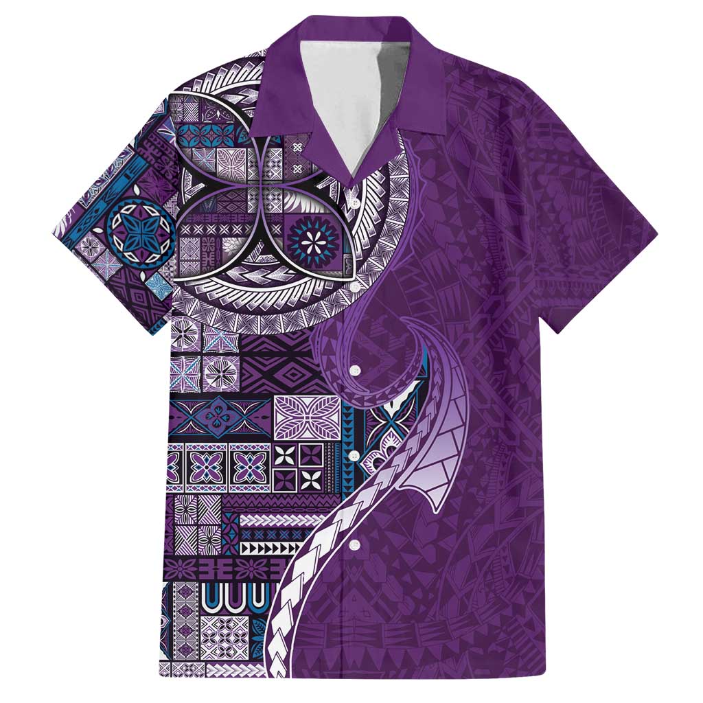 Samoan Siapo Art Tattoo Polynesian Pattern Family Matching Off Shoulder Maxi Dress and Hawaiian Shirt Purple Color LT03 Dad's Shirt - Short Sleeve Purple - Polynesian Pride