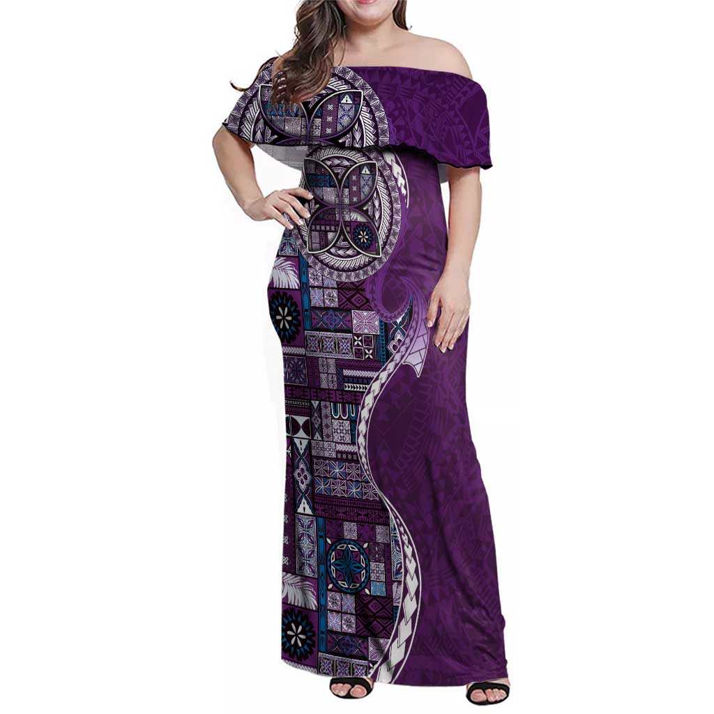 Samoan Siapo Art Tattoo Polynesian Pattern Family Matching Off Shoulder Maxi Dress and Hawaiian Shirt Purple Color LT03 Mom's Dress Purple - Polynesian Pride