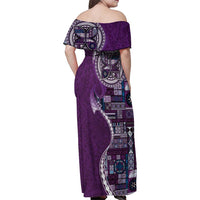 Samoan Siapo Art Tattoo Polynesian Pattern Family Matching Off Shoulder Maxi Dress and Hawaiian Shirt Purple Color LT03 - Polynesian Pride