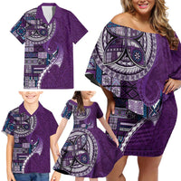 Samoan Siapo Art Tattoo Polynesian Pattern Family Matching Off Shoulder Short Dress and Hawaiian Shirt Purple Color LT03 - Polynesian Pride