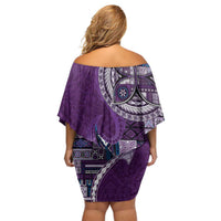Samoan Siapo Art Tattoo Polynesian Pattern Family Matching Off Shoulder Short Dress and Hawaiian Shirt Purple Color LT03 - Polynesian Pride