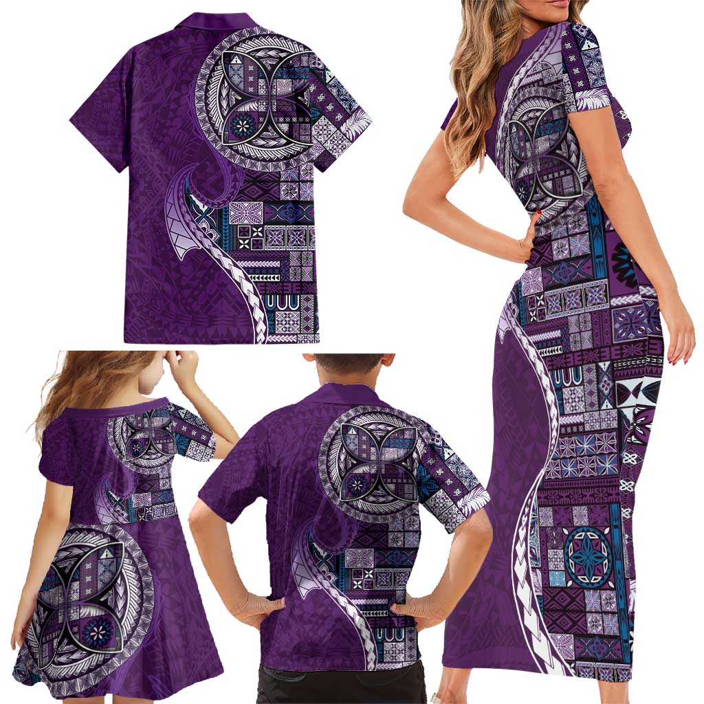 Samoan Siapo Art Tattoo Polynesian Pattern Family Matching Short Sleeve Bodycon Dress and Hawaiian Shirt Purple Color LT03 - Polynesian Pride