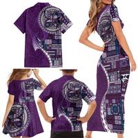 Samoan Siapo Art Tattoo Polynesian Pattern Family Matching Short Sleeve Bodycon Dress and Hawaiian Shirt Purple Color LT03 - Polynesian Pride