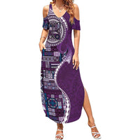 Samoan Siapo Art Tattoo Polynesian Pattern Family Matching Summer Maxi Dress and Hawaiian Shirt Purple Color LT03 Mom's Dress Purple - Polynesian Pride