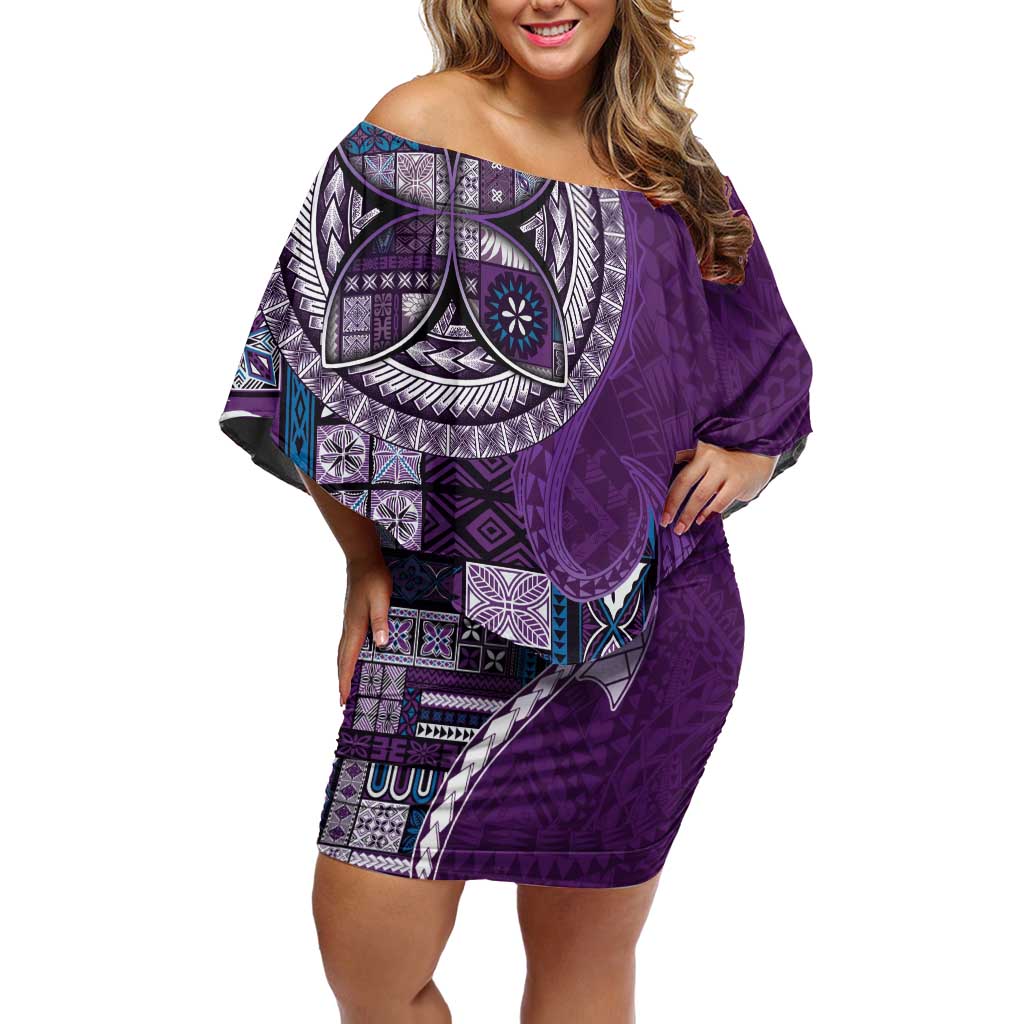 Samoan Siapo Art Tattoo Polynesian Pattern Off Shoulder Short Dress Purple Color - Polynesian Pride