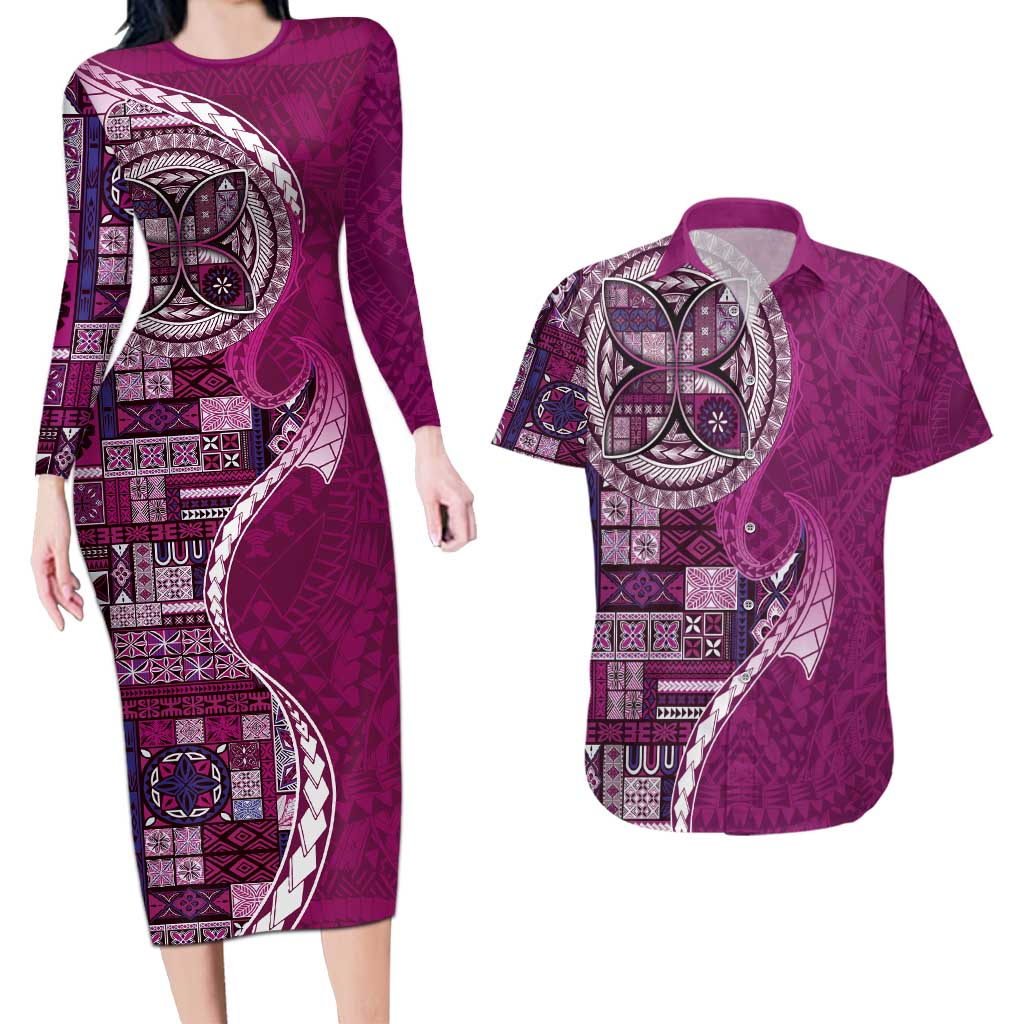Samoan Siapo Art Tattoo Polynesian Pattern Couples Matching Long Sleeve Bodycon Dress and Hawaiian Shirt Pink Color - Polynesian Pride