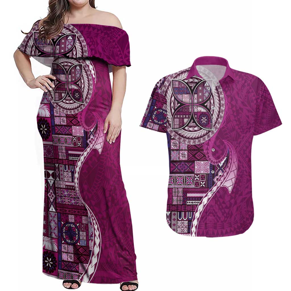 Samoan Siapo Art Tattoo Polynesian Pattern Couples Matching Off Shoulder Maxi Dress and Hawaiian Shirt Pink Color - Polynesian Pride