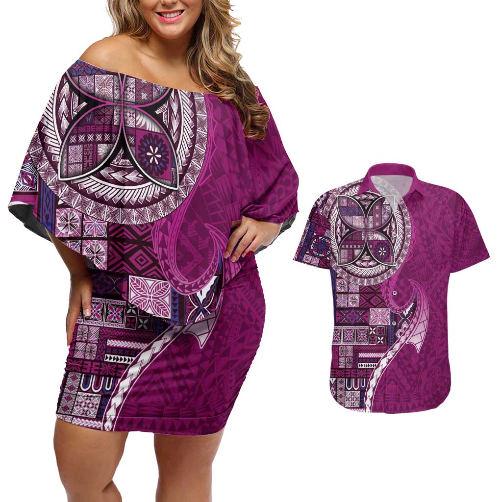 Samoan Siapo Art Tattoo Polynesian Pattern Couples Matching Off Shoulder Short Dress and Hawaiian Shirt Pink Color - Polynesian Pride