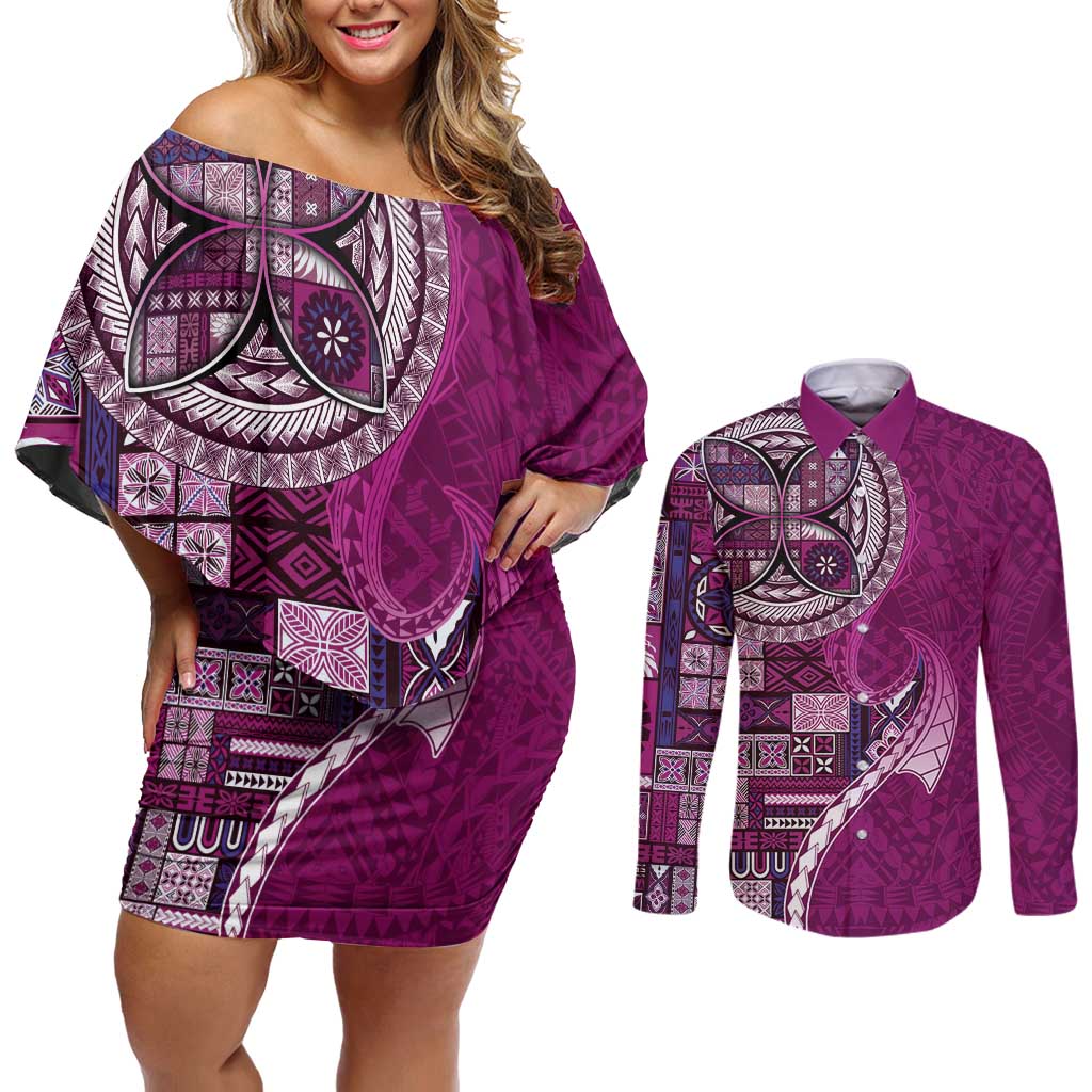 Samoan Siapo Art Tattoo Polynesian Pattern Couples Matching Off Shoulder Short Dress and Long Sleeve Button Shirt Pink Color - Polynesian Pride