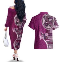 Samoan Siapo Art Tattoo Polynesian Pattern Couples Matching Off The Shoulder Long Sleeve Dress and Hawaiian Shirt Pink Color - Polynesian Pride