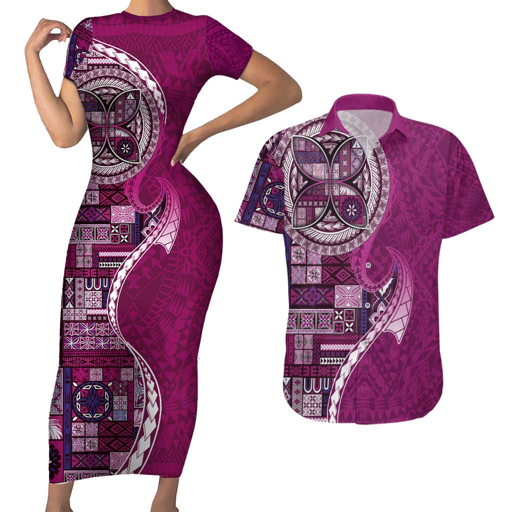 Samoan Siapo Art Tattoo Polynesian Pattern Couples Matching Short Sleeve Bodycon Dress and Hawaiian Shirt Pink Color - Polynesian Pride