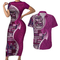 Samoan Siapo Art Tattoo Polynesian Pattern Couples Matching Short Sleeve Bodycon Dress and Hawaiian Shirt Pink Color - Polynesian Pride