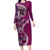 Samoan Siapo Art Tattoo Polynesian Pattern Family Matching Long Sleeve Bodycon Dress and Hawaiian Shirt Pink Color LT03 Mom's Dress Pink - Polynesian Pride