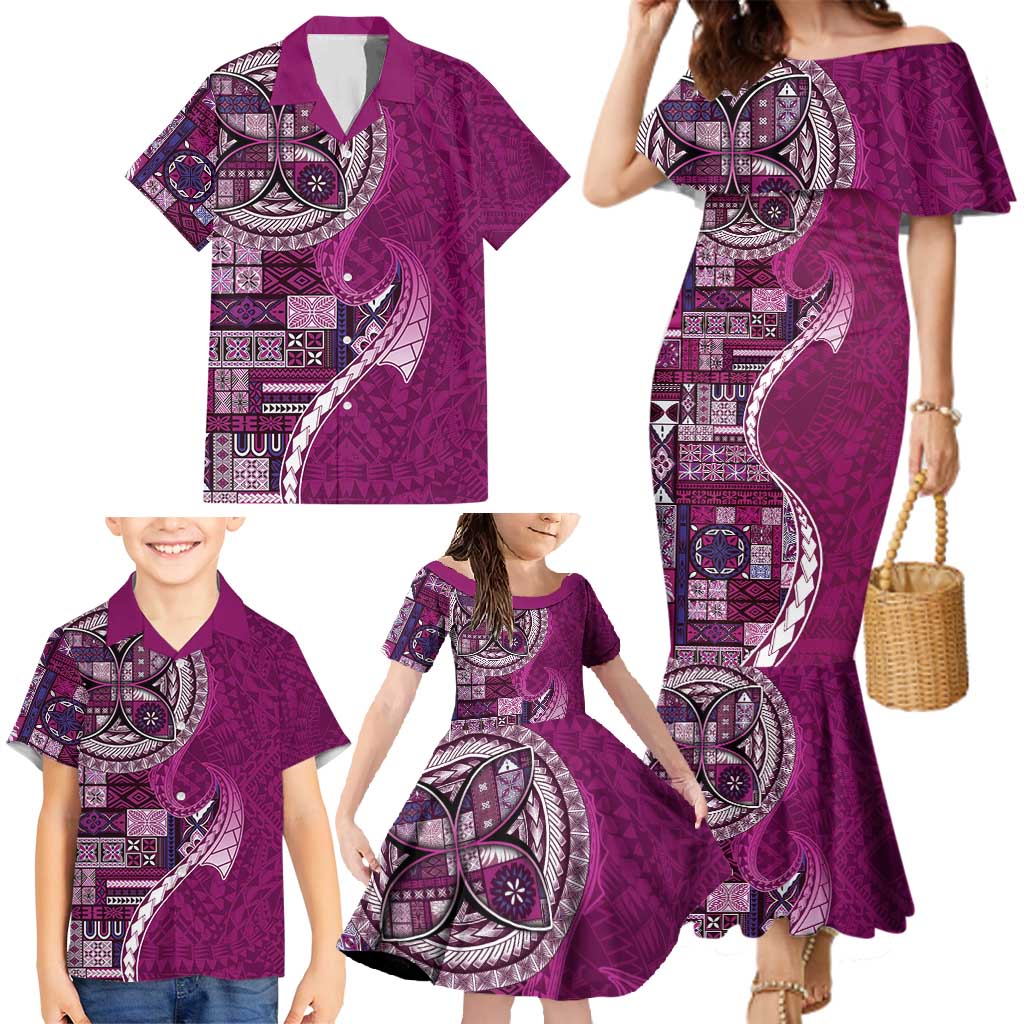 Samoan Siapo Art Tattoo Polynesian Pattern Family Matching Mermaid Dress and Hawaiian Shirt Pink Color LT03 - Polynesian Pride