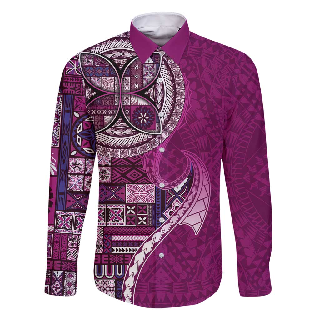 Samoan Siapo Art Tattoo Polynesian Pattern Family Matching Mermaid Dress and Hawaiian Shirt Pink Color LT03 Dad's Shirt - Long Sleeve Pink - Polynesian Pride
