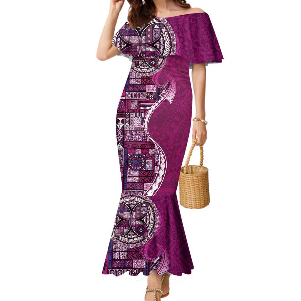Samoan Siapo Art Tattoo Polynesian Pattern Family Matching Mermaid Dress and Hawaiian Shirt Pink Color LT03 Mom's Dress Pink - Polynesian Pride