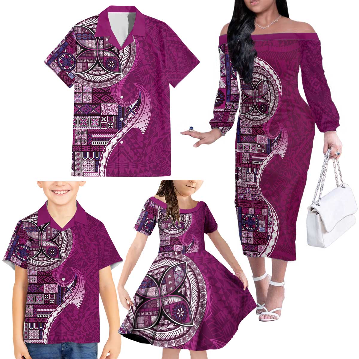 Samoan Siapo Art Tattoo Polynesian Pattern Family Matching Off The Shoulder Long Sleeve Dress and Hawaiian Shirt Pink Color LT03 - Polynesian Pride