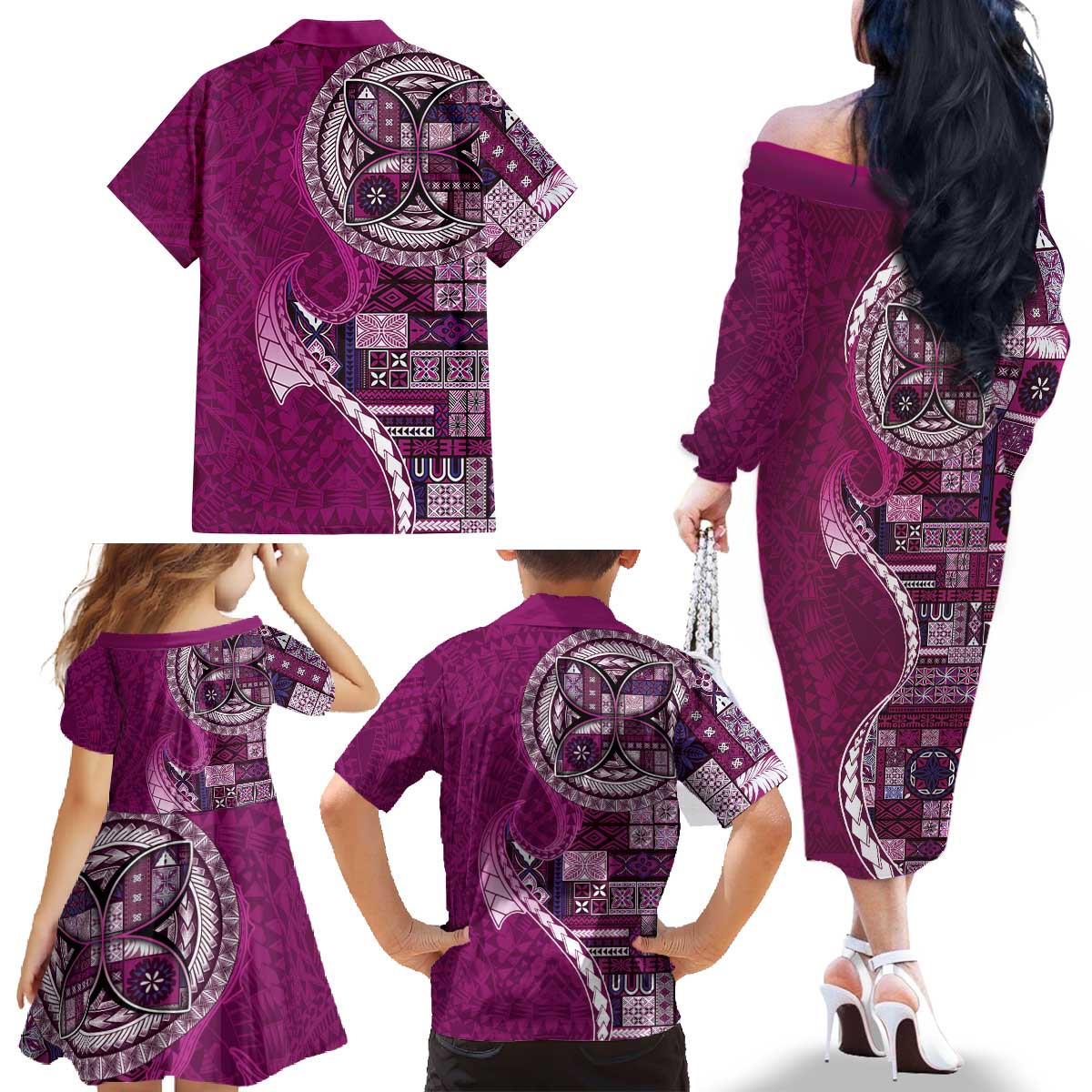 Samoan Siapo Art Tattoo Polynesian Pattern Family Matching Off The Shoulder Long Sleeve Dress and Hawaiian Shirt Pink Color LT03 - Polynesian Pride