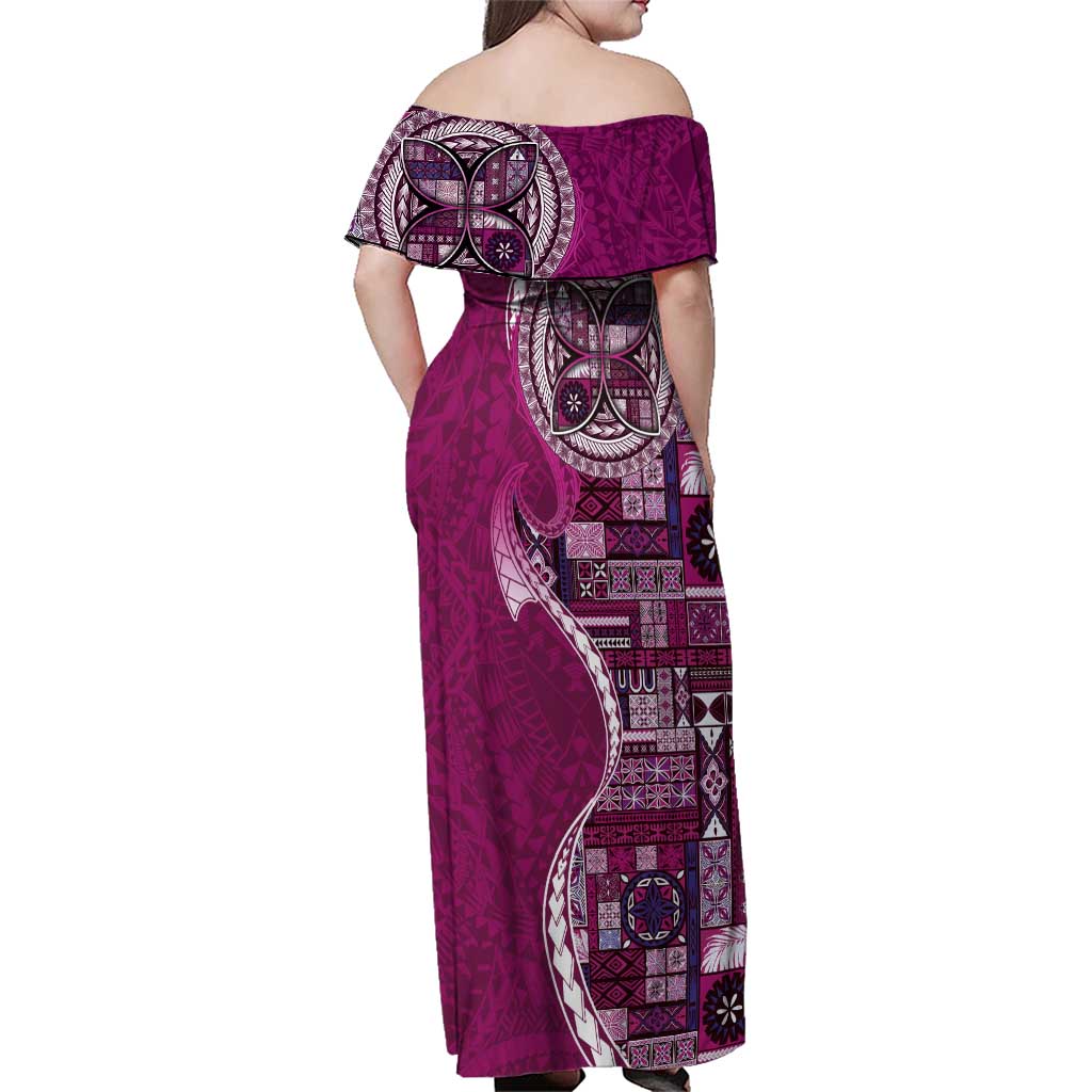 Samoan Siapo Art Tattoo Polynesian Pattern Family Matching Off Shoulder Maxi Dress and Hawaiian Shirt Pink Color - undefined
