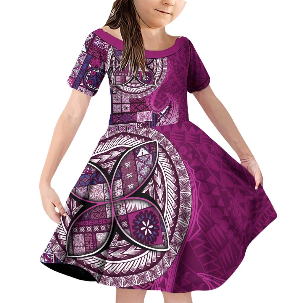 Samoan Siapo Art Tattoo Polynesian Pattern Family Matching Off Shoulder Short Dress and Hawaiian Shirt Pink Color LT03 Daughter's Dress Pink - Polynesian Pride