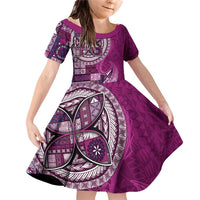 Samoan Siapo Art Tattoo Polynesian Pattern Family Matching Off Shoulder Short Dress and Hawaiian Shirt Pink Color LT03 Daughter's Dress Pink - Polynesian Pride