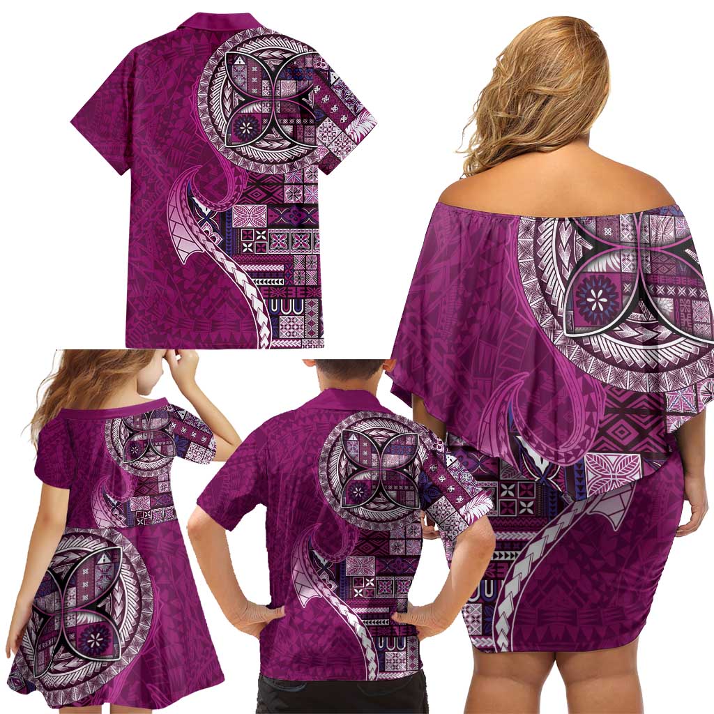 Samoan Siapo Art Tattoo Polynesian Pattern Family Matching Off Shoulder Short Dress and Hawaiian Shirt Pink Color LT03 - Polynesian Pride