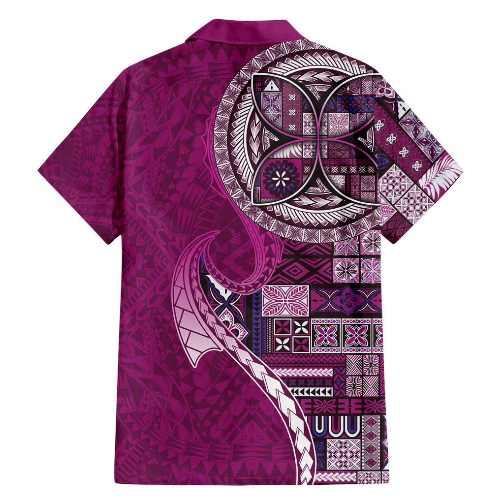 Samoan Siapo Art Tattoo Polynesian Pattern Family Matching Off Shoulder Short Dress and Hawaiian Shirt Pink Color LT03 - Polynesian Pride