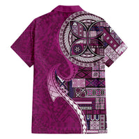 Samoan Siapo Art Tattoo Polynesian Pattern Family Matching Off Shoulder Short Dress and Hawaiian Shirt Pink Color LT03 - Polynesian Pride