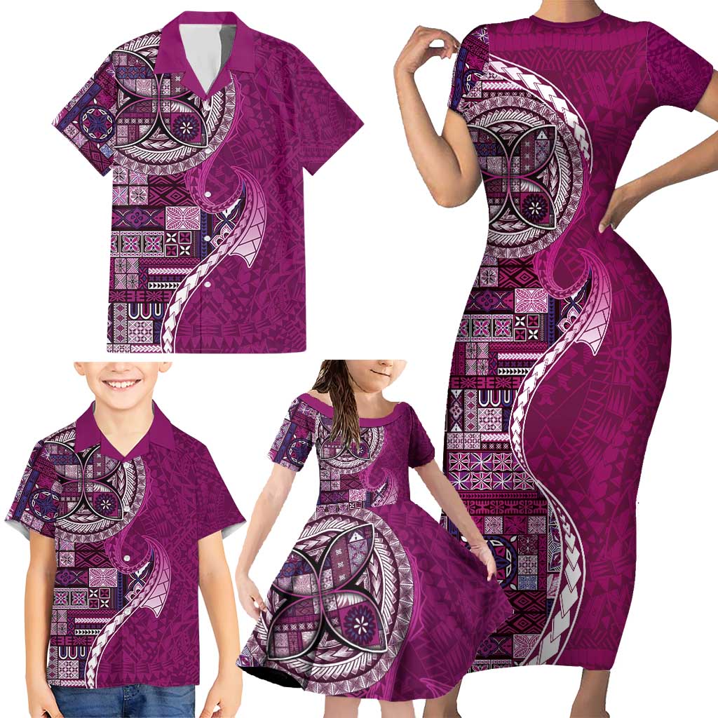 Samoan Siapo Art Tattoo Polynesian Pattern Family Matching Short Sleeve Bodycon Dress and Hawaiian Shirt Pink Color LT03 - Polynesian Pride