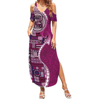 Samoan Siapo Art Tattoo Polynesian Pattern Family Matching Summer Maxi Dress and Hawaiian Shirt Pink Color - Polynesian Pride