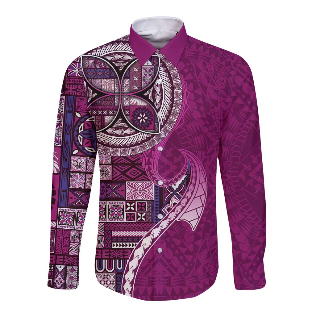 Samoan Siapo Art Tattoo Polynesian Pattern Long Sleeve Button Shirt Pink Color - Polynesian Pride